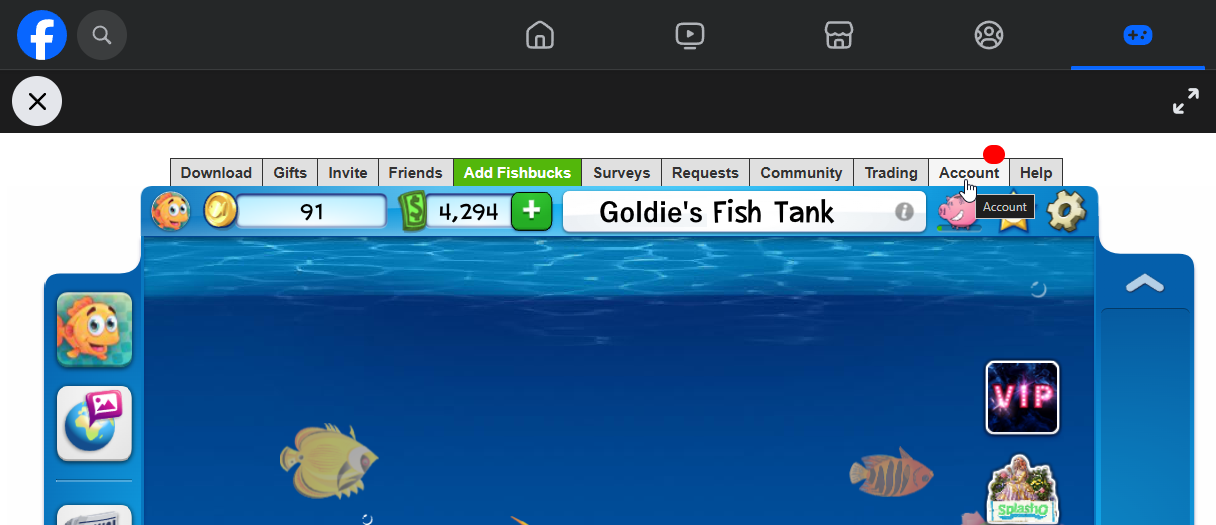Fish World Facebook - Account tab in the top bar