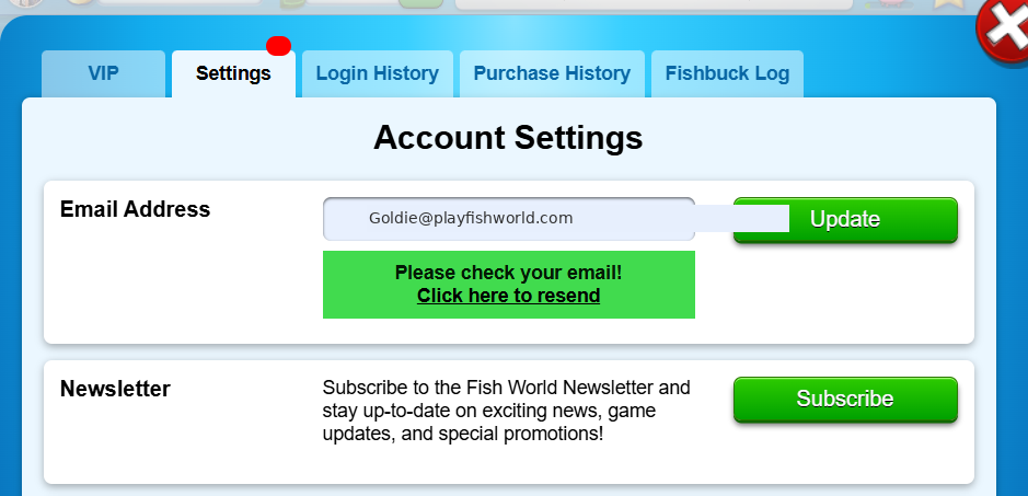 Account Settings showing Please check your email message