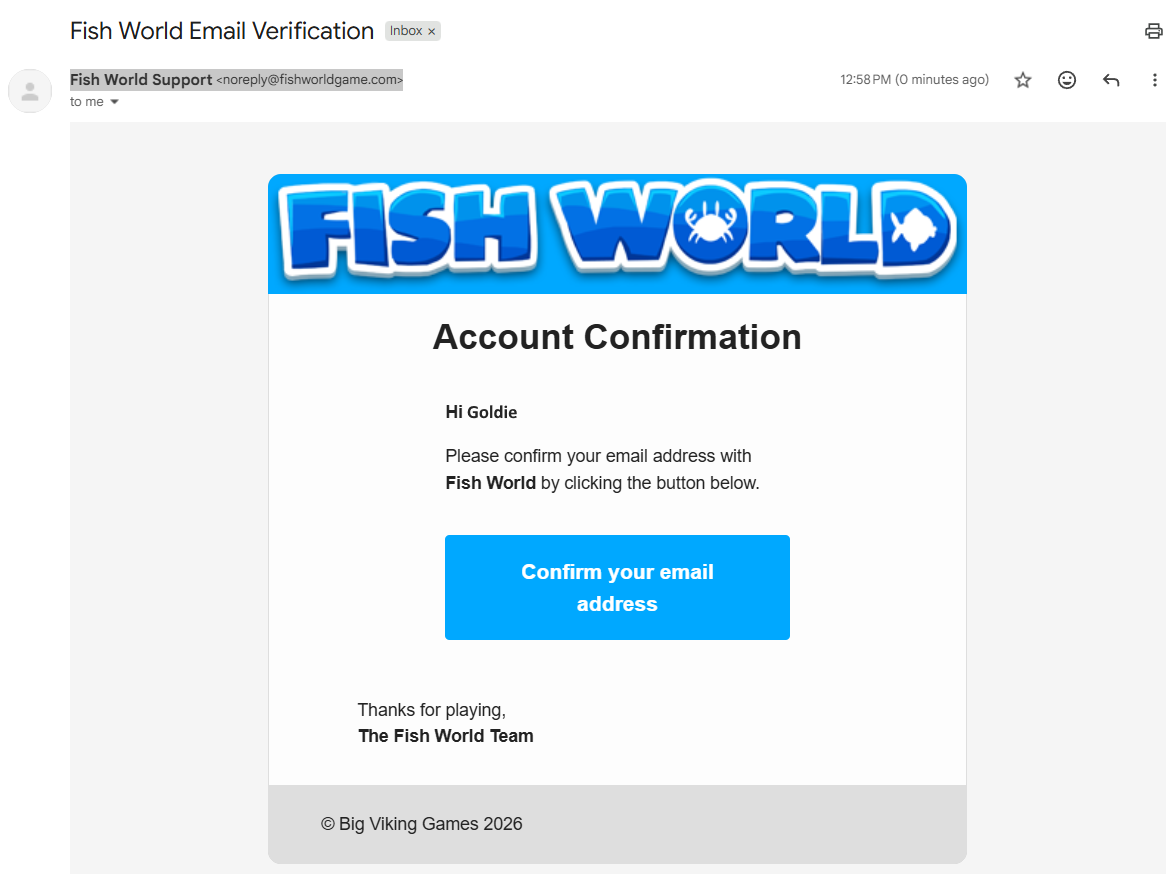 Fish World email with Confirm your email address button
